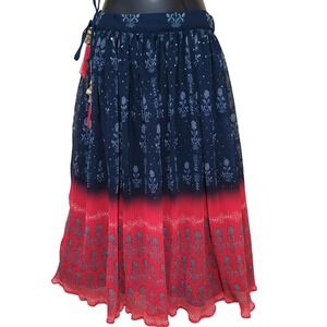 Gypsiana bohemian Style Blue Pink Ombre Floral Pleated Midi Skirt Size 28 Tassel